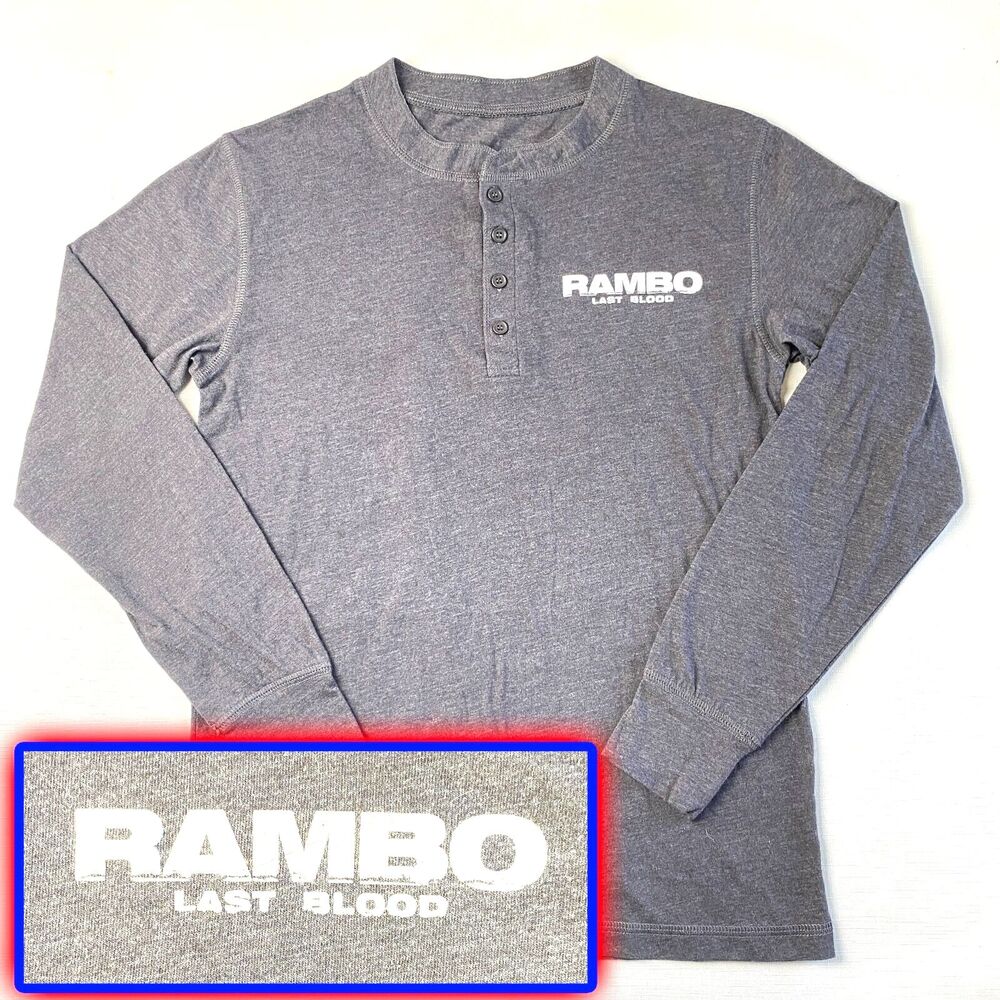 RARE "RAMBO - LAST BLOOD" Movie Promo LONG SLEEVE GRAY HENLEY! Shirt First Sz S
